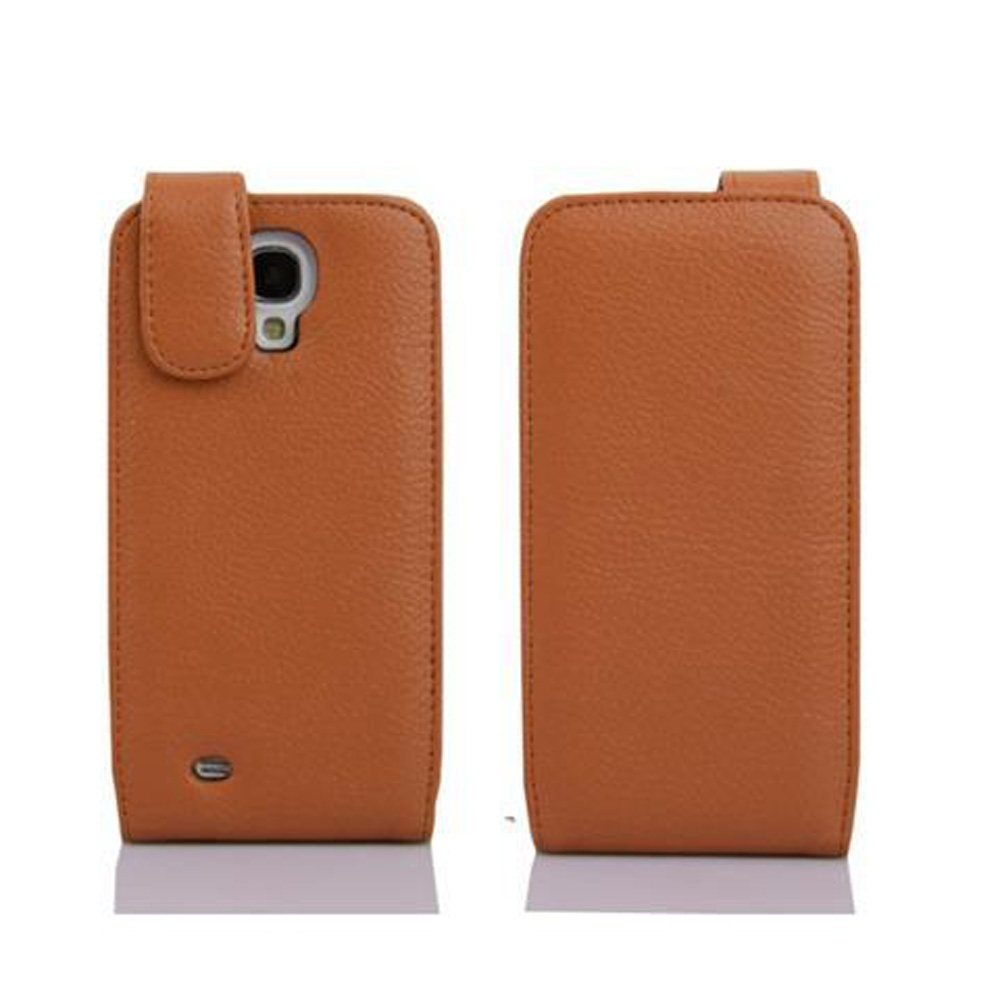 Braune Leder-Handyhülle mit Telefon. Geschlossen, mit Verschluss.
