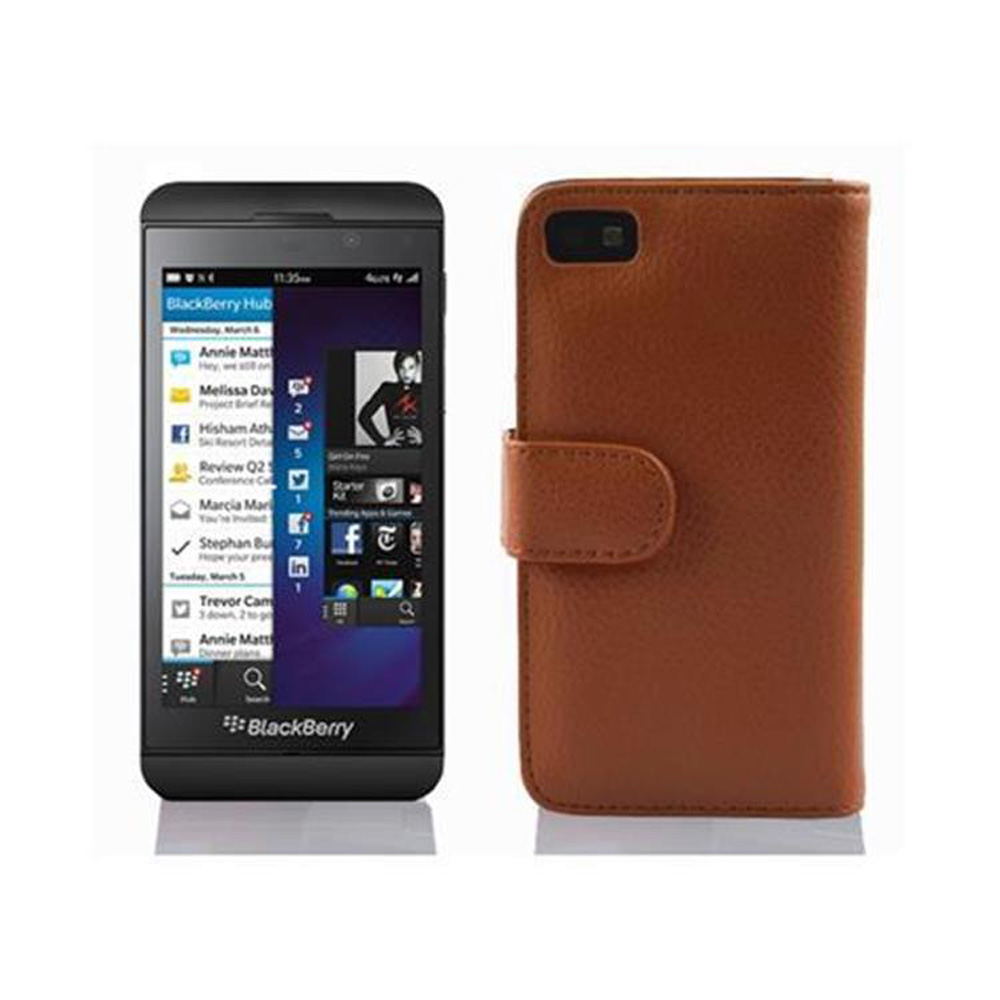 Ein Telefon neben einer braunen Leder-Brieftaschenhülle. Der Telefonbildschirm ist aktiv und geöffnet.