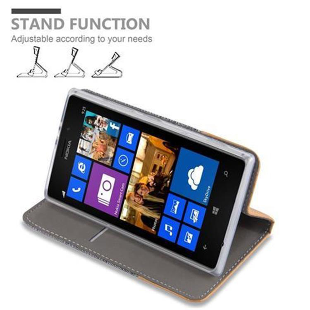Custodia per telefono aperta con telefono Nokia all'interno. Il telefono mostra le icone delle app su sfondo grigio.