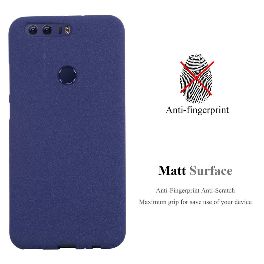 Custodia per telefono blu. Anti-impronte e superficie opaca. L'immagine mostra la custodia e un simbolo di impronta digitale.