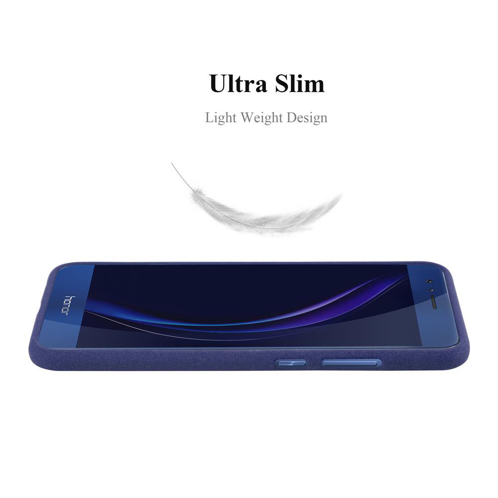 Un telefono blu con una piuma che fluttua sopra.