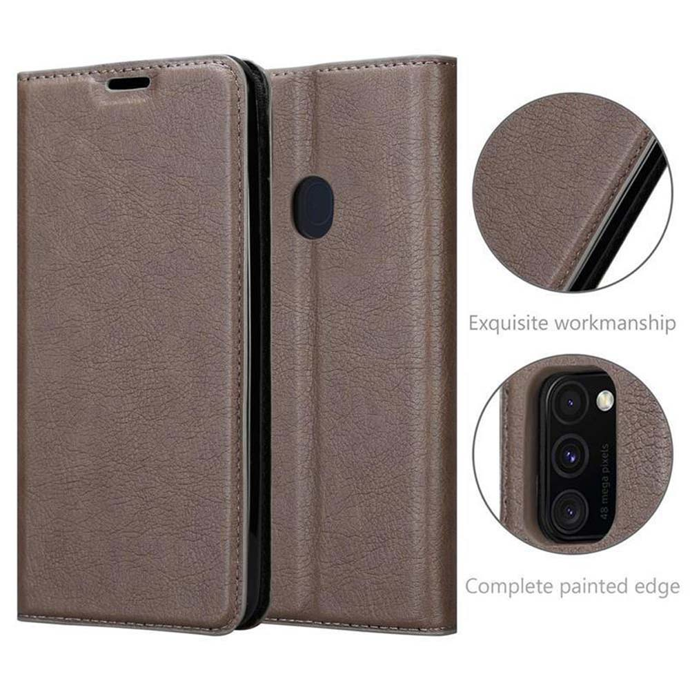 Braune Leder-Handyhülle, offen mit Telefon darin. Kreisdetails zeigen exquisite Verarbeitung und lackierte Kante.