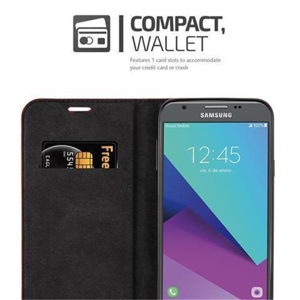 Telefono in una custodia con fessure per carte di credito. Testo: Compatto, Portafoglio.