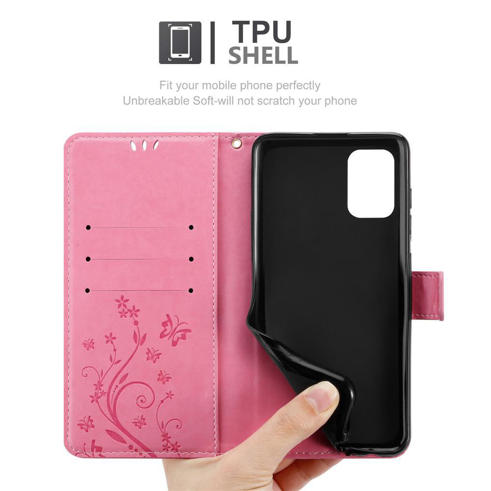 Custodia per telefono rosa aperta che mostra il telefono, con un design floreale e tre slot per schede.