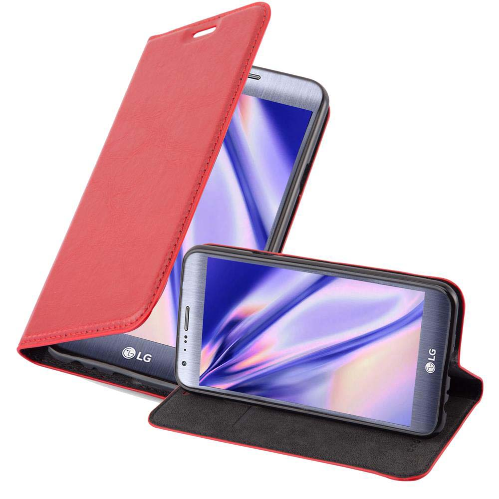 Dos teléfonos LG en una funda de cuero rojo, con la tapa abierta. Las pantallas de los teléfonos muestran un diseño abstracto.