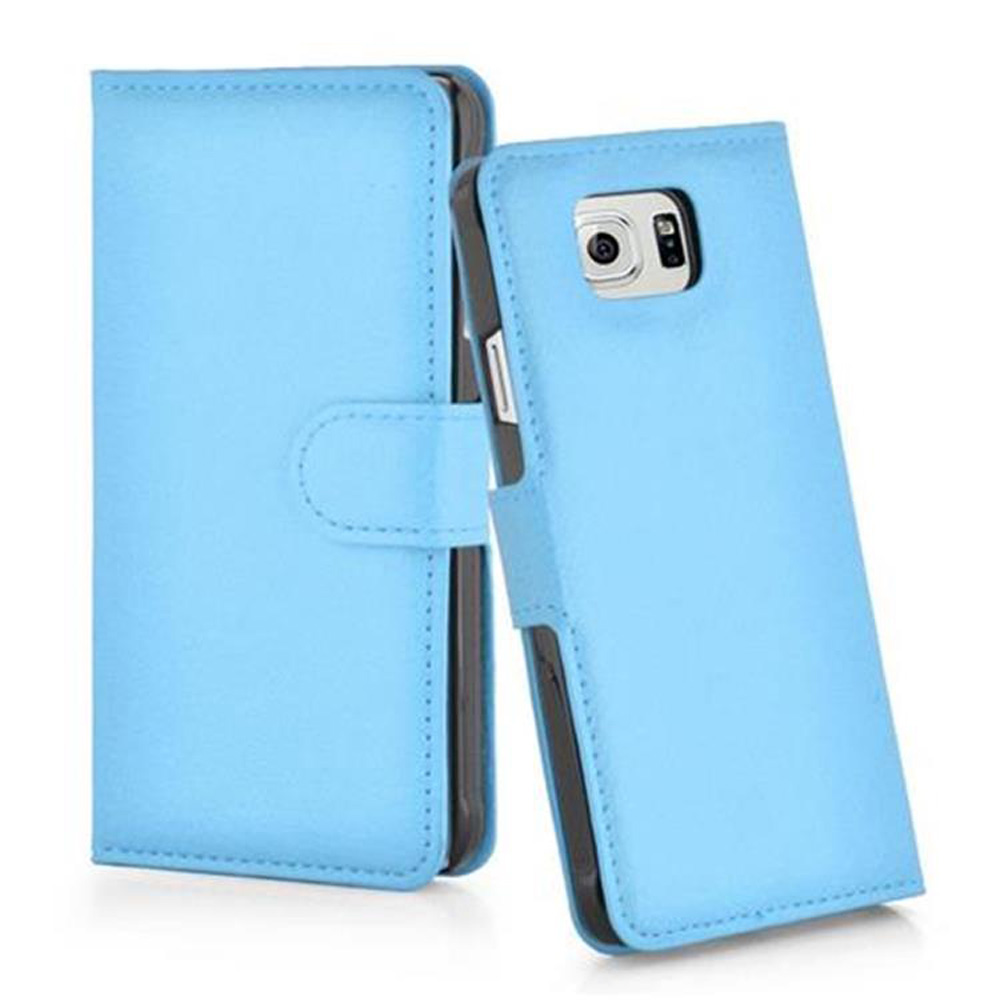 Blaue Handyhülle. Telefon eingesetzt. Telefon in offener Position. Die Hülle ist blau.