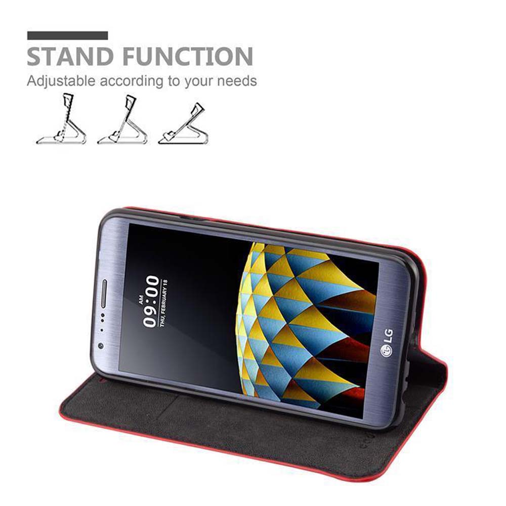 Teléfono en una funda, mostrando la pantalla. Se anuncia la función de soporte. El teléfono está en ángulo.