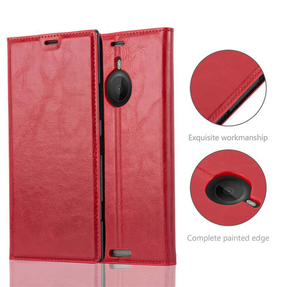 Custodia per telefono in pelle rossa, aperta. Primo piano delle caratteristiche. Lavorazione squisita.