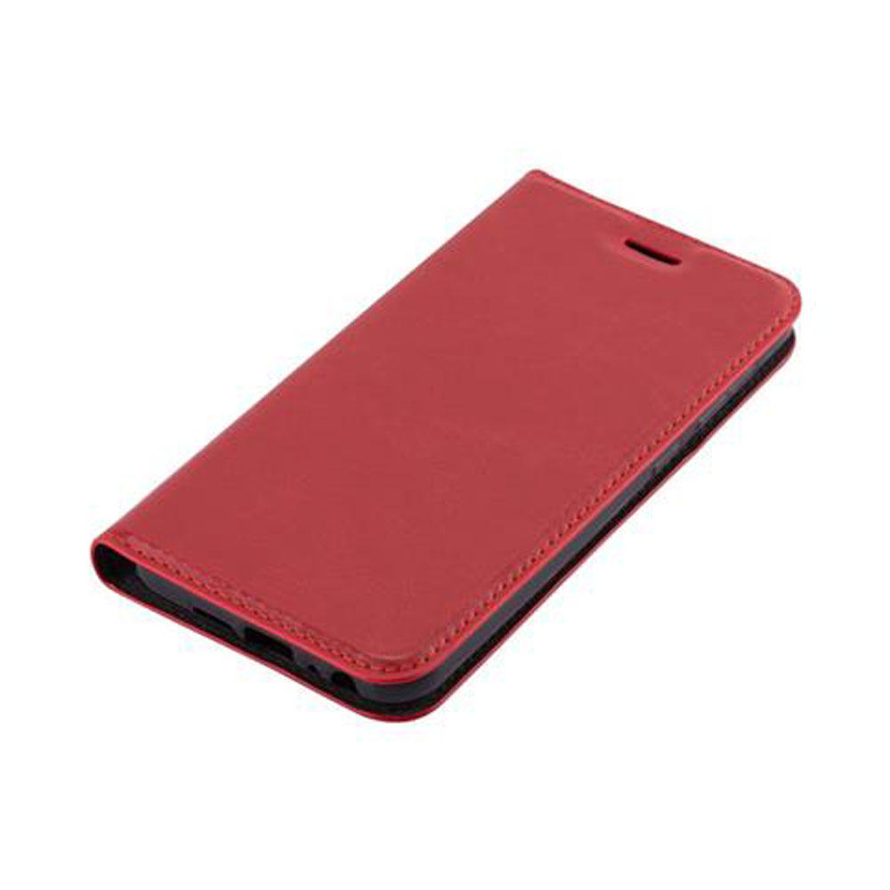 Rote Brieftaschen-Handyhülle, geschlossen. Die Hülle besteht aus lederähnlichem Material.