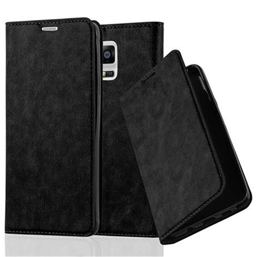 Schwarze Handyhülle, offen, mit einem Telefon darin. Die Hülle ist lederartig, mit Magnetverschluss.