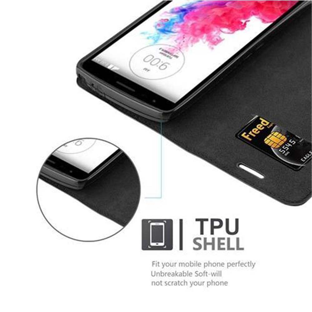 Ein Telefon in einer schwarzen Hülle. Das Telefon zeigt die Uhrzeit. Kartenfach.