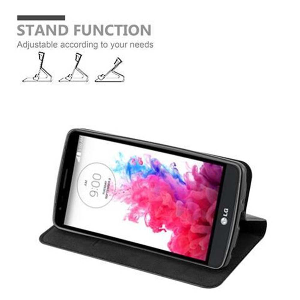 Ein Telefon steht auf einem Ständer, der Bildschirm zeigt ein farbenfrohes Bild, das Case ist schwarz.