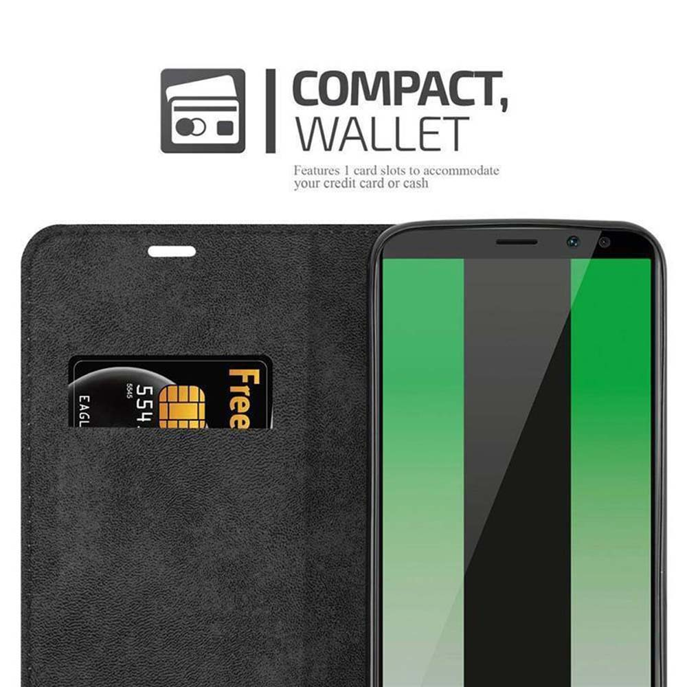 Eine Handyhülle mit einem Kreditkartenfach. Eine Kreditkarte ist darin. Text: 'Compact, Wallet'.
