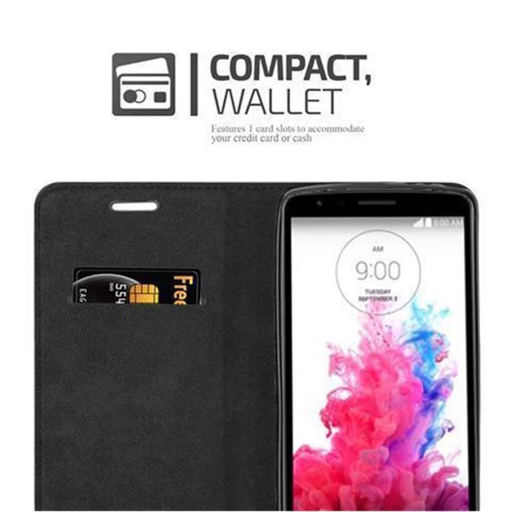 Schwarzes Telefon in einer offenen Brieftasche mit Kreditkartenfach und farbenfrohem Bildschirm.