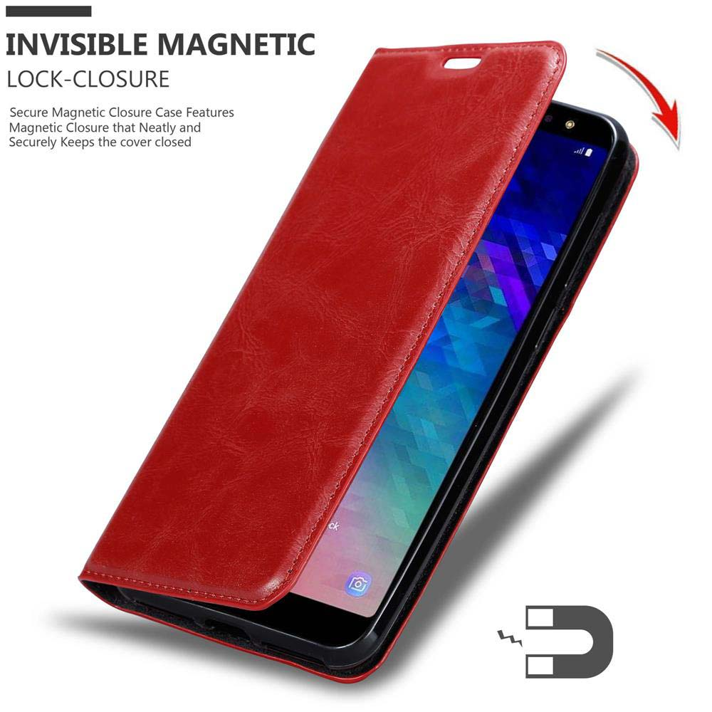 Eine rote Handyhülle mit Telefon. Text: "Invisible Magnetic Lock-Closure."
