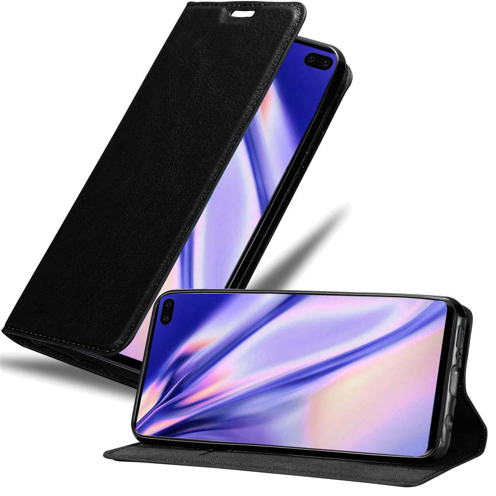 Schwarze Handyhülle, geöffnet, mit Telefon. Schwarzer Bildschirm. Weißer Hintergrund.
