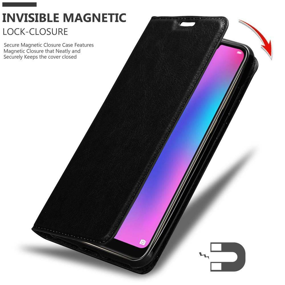 Eine schwarze Handyhülle ist geöffnet und gibt ein Telefon frei. Ein Magnet-Symbol wird angezeigt.