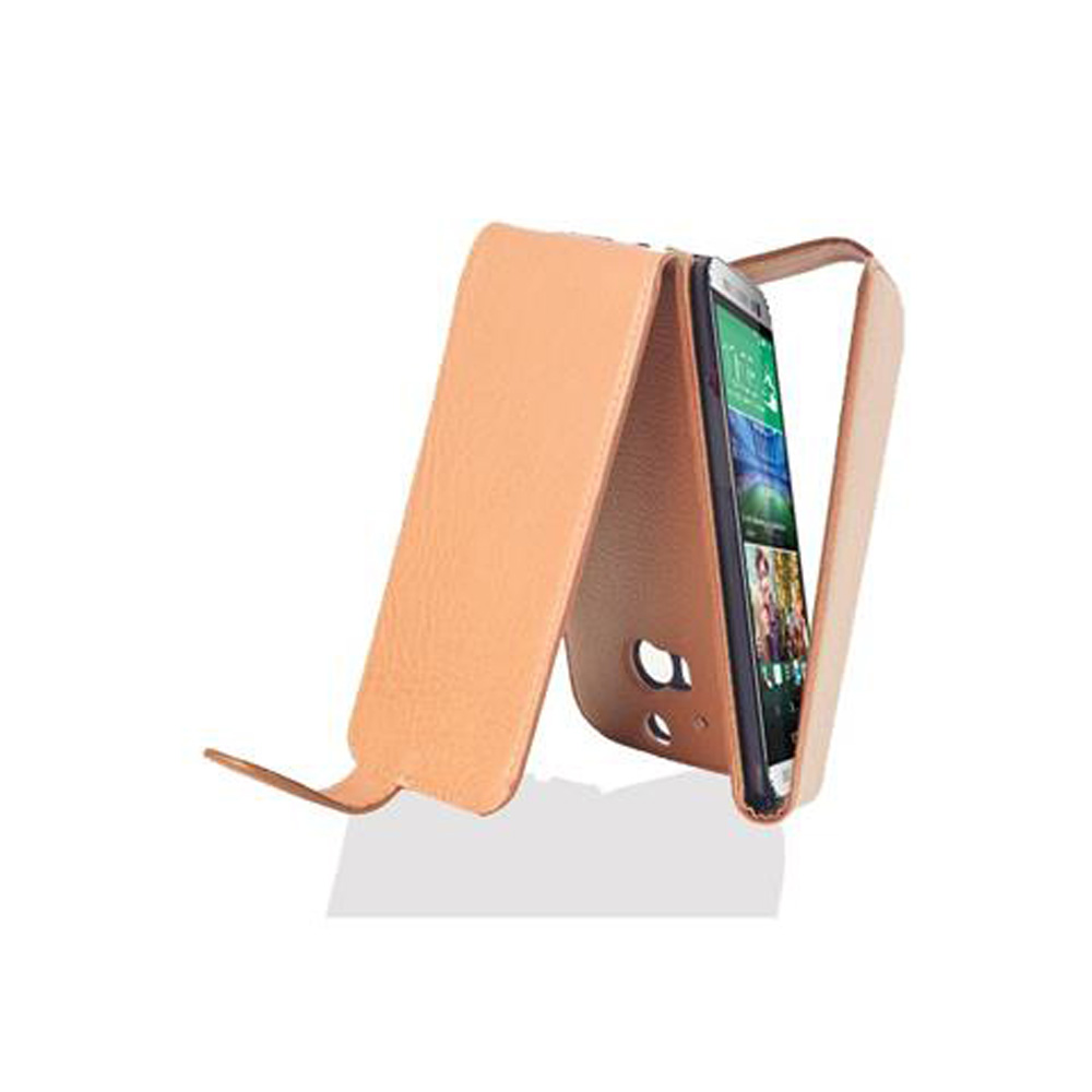 Funda beige con teléfono dentro, abierta. El teléfono muestra una imagen en su pantalla.