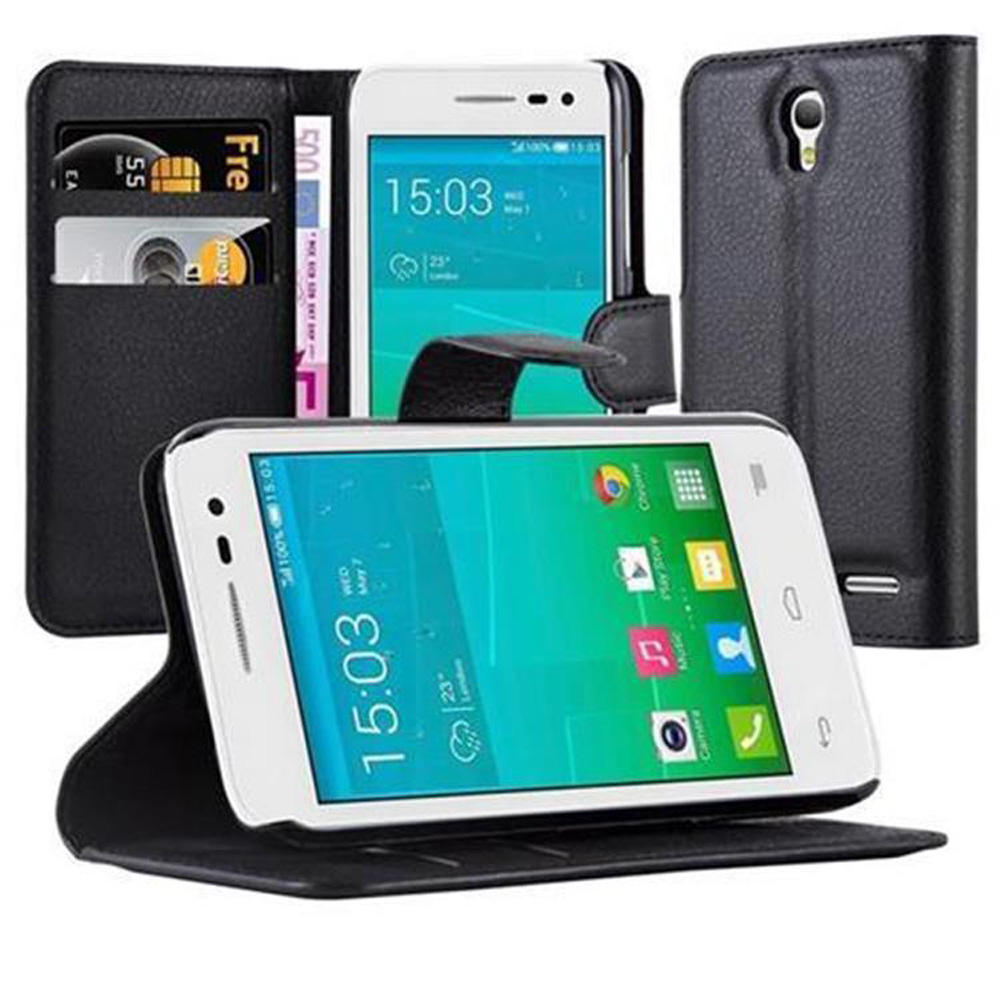 Telefono bianco in custodia nera. Secondo telefono visibile. Custodia piegata che mostra lo schermo.