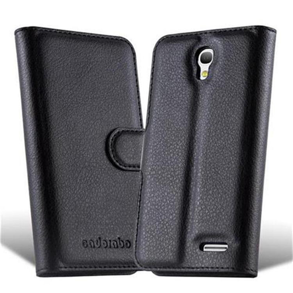 Custodia per telefono in pelle nera, aperta per rivelare una fessura per telefono e slot per schede.