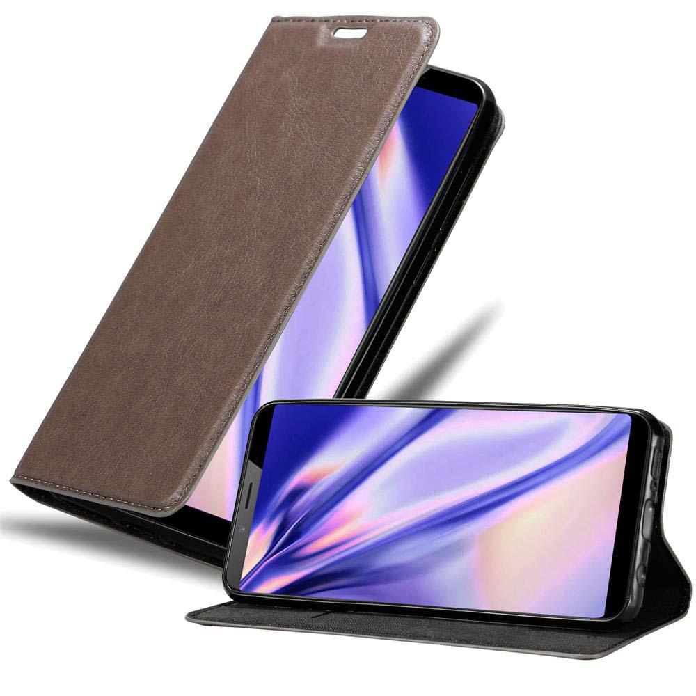 Braune Handyhülle, geöffnet, mit Telefon. Zeigt einen bunten Bildschirm. Weißer Hintergrund.