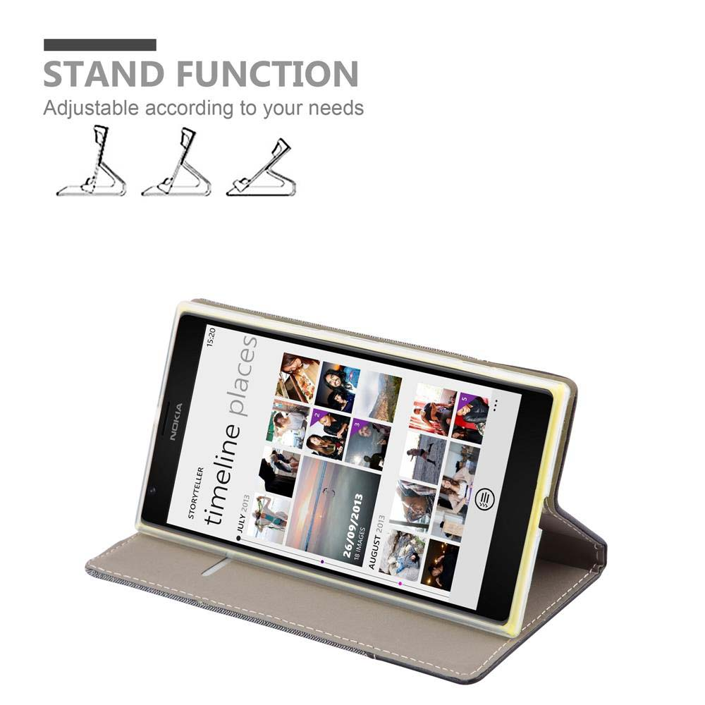 Telefono in custodia beige su un supporto, che mostra lo schermo con le foto. Testo: Funzione supporto, Regolabile.
