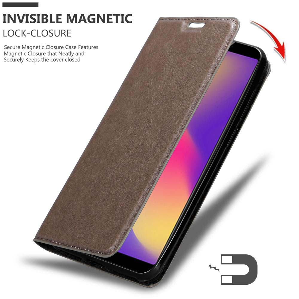 Handyhülle mit Magnetverschluss. Das Telefon befindet sich in der Hülle. Text sagt 'Unsichtbarer Magnetverschluss'.