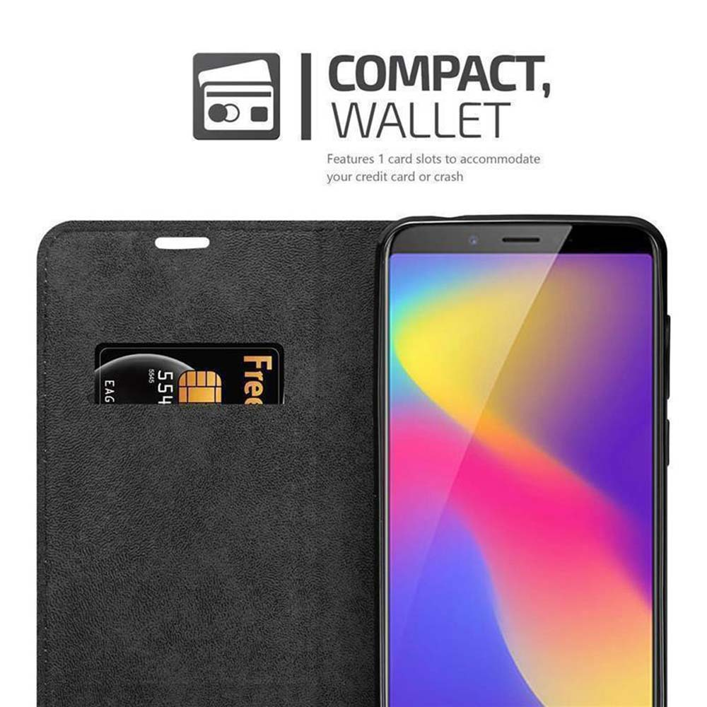Schwarze Handyhülle offen, mit Kartenfach mit Karte und Telefon.