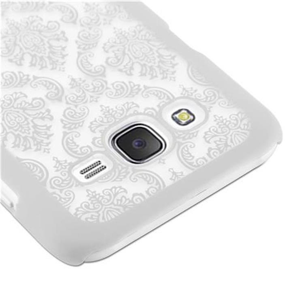Una custodia bianca per telefono con un design floreale.