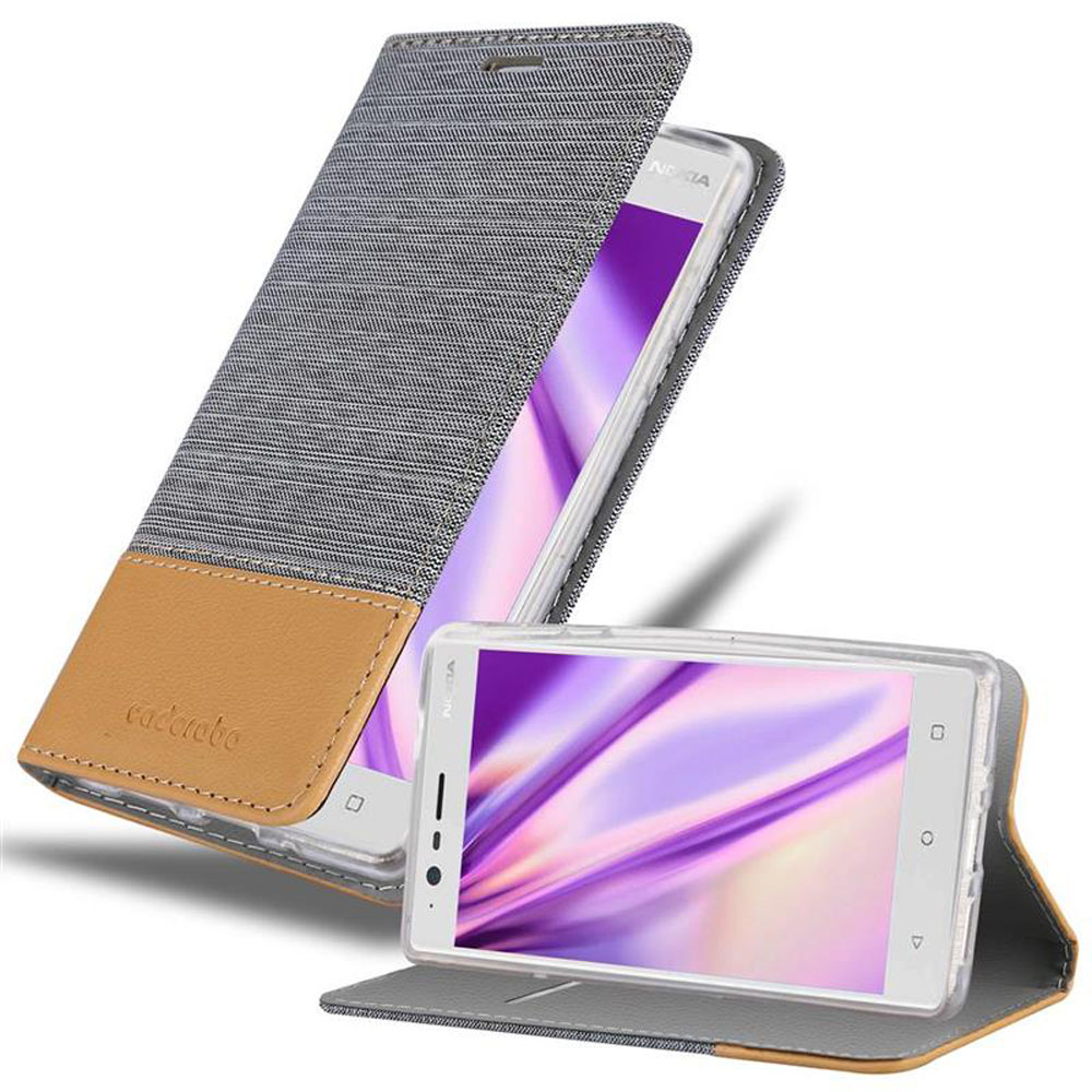 cadorabo Book Case works with Nokia 3 2017 in STONE BROWN - with Magnetic Closure, 2 Viewing Windows and Stand Function - Wallet Etui Cover Pouch PU