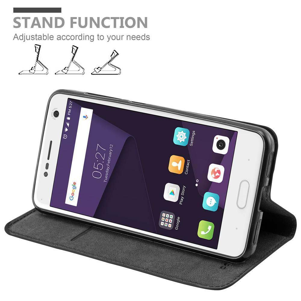 Telefon in Hülle, offen. Zeigt Apps auf dem Bildschirm. Text: STANDFUNKTION. Schwarz-graue Hülle. Google Apps.