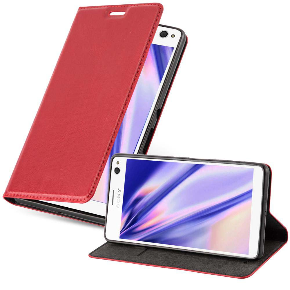 Funda roja abierta. Teléfono blanco dentro. Fondo blanco. Sony.