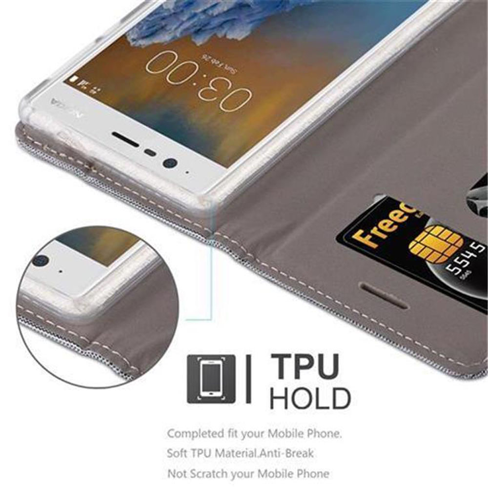 Telefon in einem Etui, offen, mit Kreditkarte. Text: TPU Hold. Passend für Ihr Telefon.