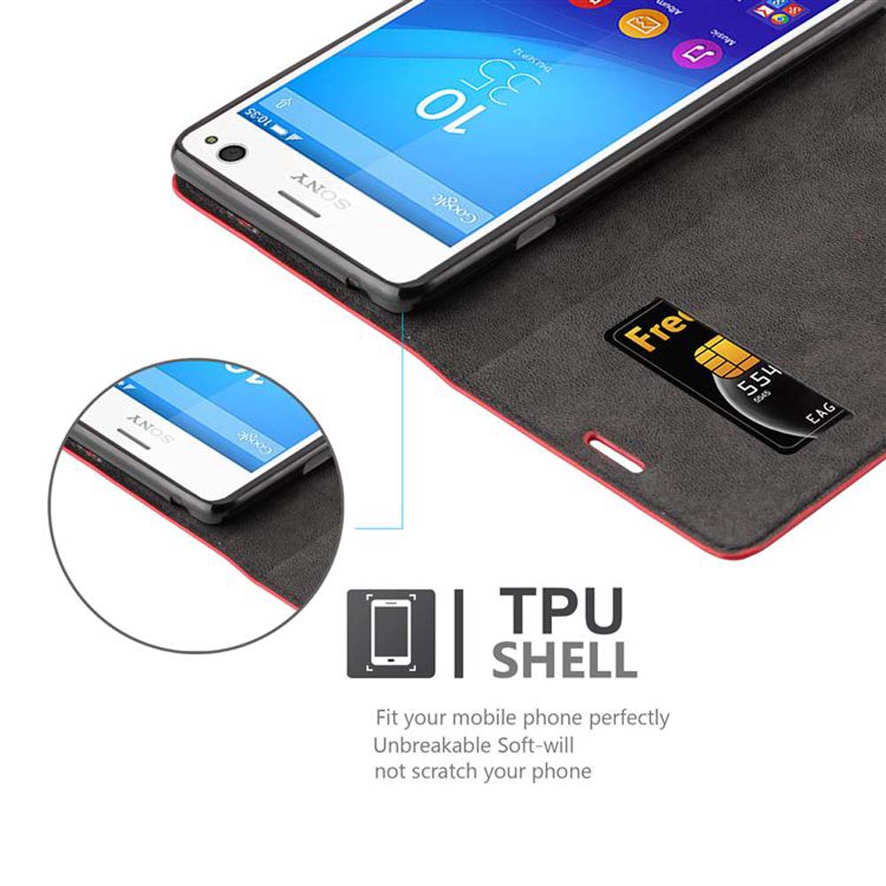 Teléfono en funda abierta con tarjeta. Pantalla del teléfono visible. Funda abierta. Carcasa TPU.