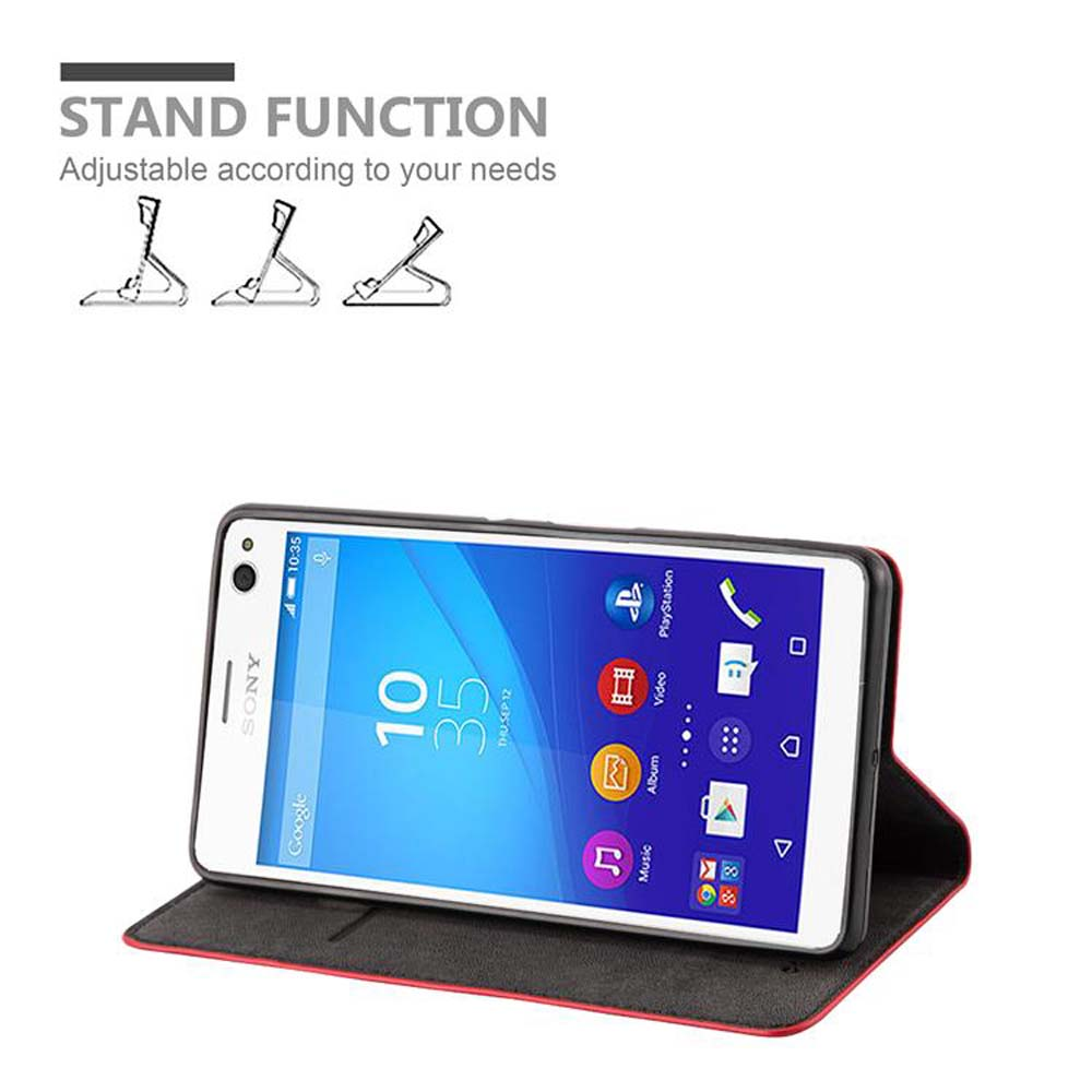 Teléfono Sony en una funda. Texto: 'STAND FUNCTION'.