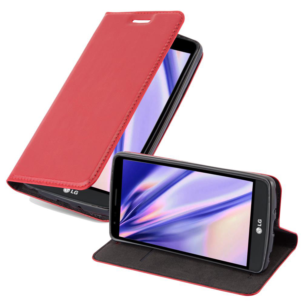 Funda roja de teléfono abierta con teléfono dentro y otra funda abierta en el fondo.