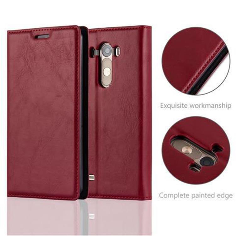 Funda burdeos con contorno de teléfono. Detalles muestran borde y recorte de cámara.