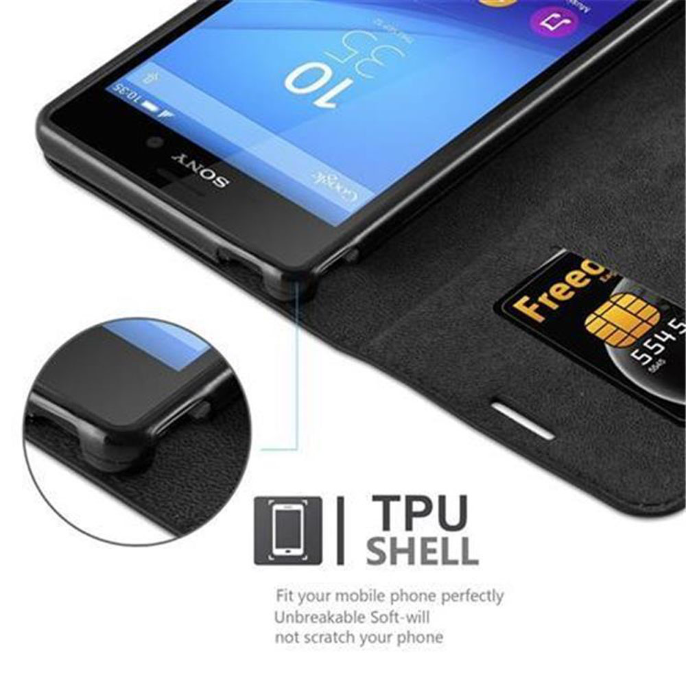 Teléfono en una funda de cartera negra, con una ranura para tarjetas. El teléfono muestra la barra de búsqueda de Google y la hora.