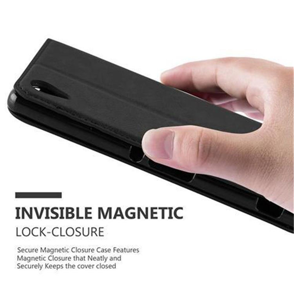 Funda negra para teléfono con teléfono. Texto: 'INVISIBLE MAGNETIC LOCK-CLOSURE'.