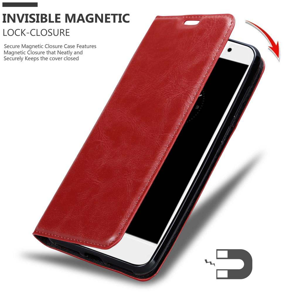Rote Handyhülle, geöffnet, das Telefon zeigend, mit Magnet-Symbol und Text: unsichtbarer Magnetverschluss.