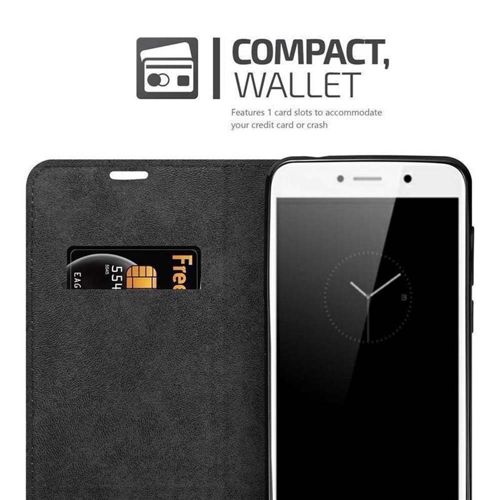 Offene Handyhülle mit Kartenfächern und Telefon. Text: 'COMPACT, WALLET'.