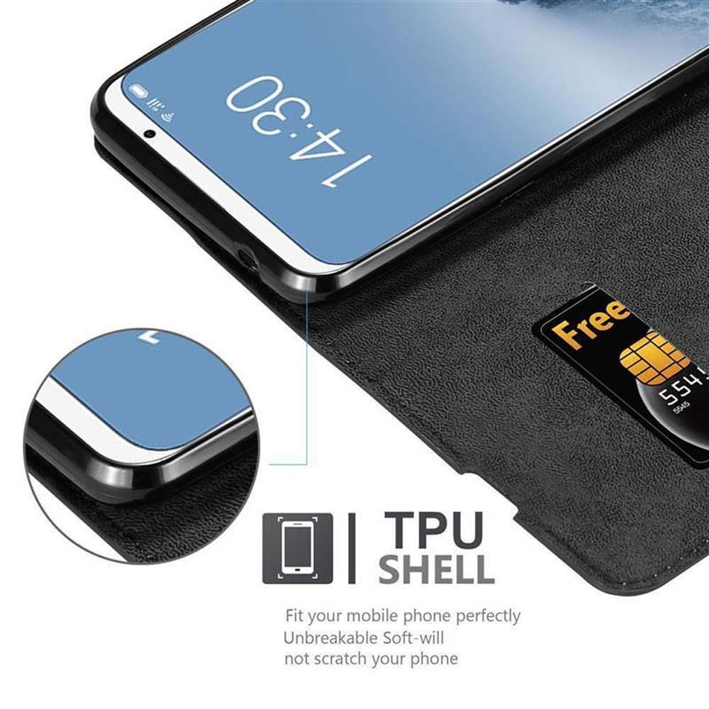Schwarzes Telefon in Hülle mit SIM-Karte. Text: TPU-Schale. Telefon zeigt 14:30. Hülle ist offen.