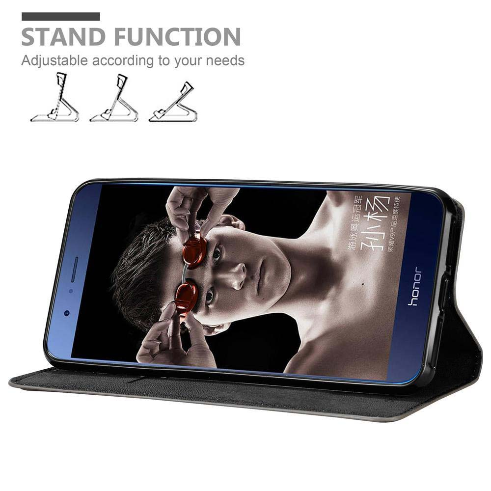 Schwarzes Telefon in einer Hülle, das einen Mann mit Sonnenbrille auf dem Bildschirm und Standfunktionssymbolen zeigt.