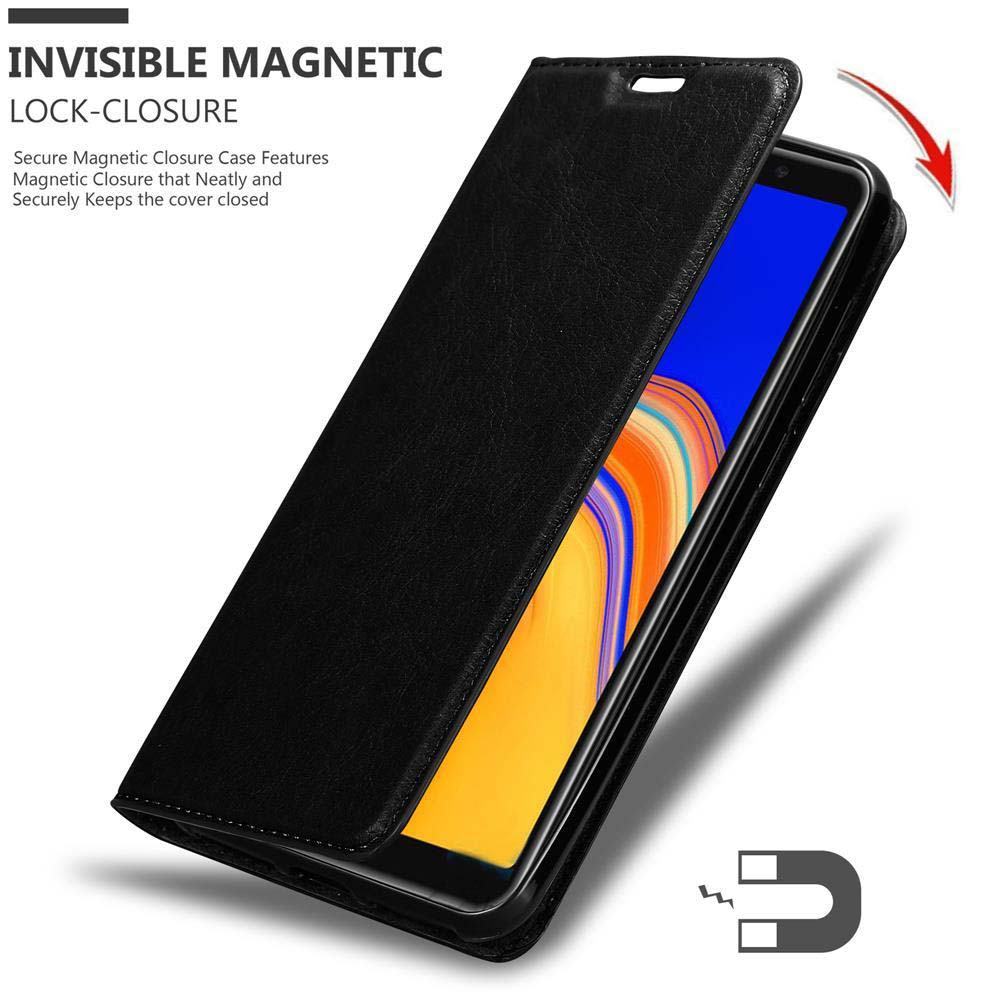 Custodia per telefono nera chiusa, con chiusura magnetica, che mostra un telefono all'interno.