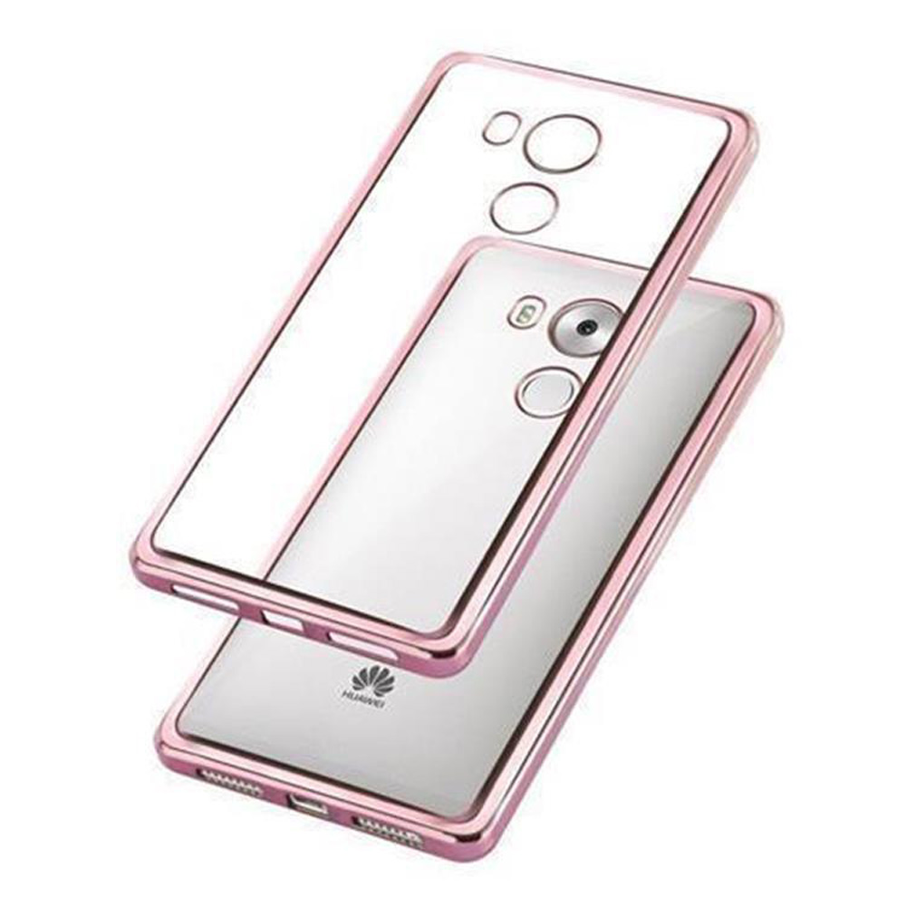 Custodia rosa per telefono su sfondo bianco, con una copertura trasparente.