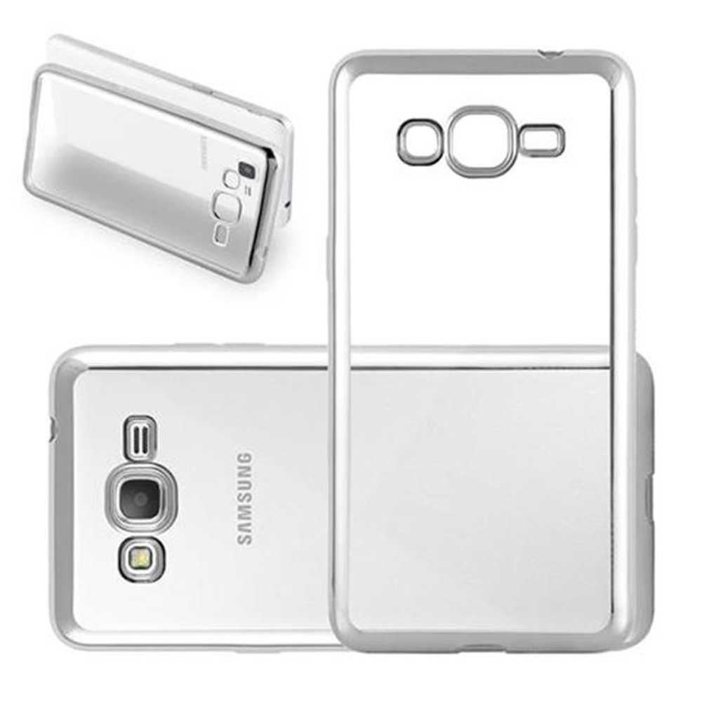 Custodia trasparente con telefono bianco. Sono visibili anche altre due custodie.