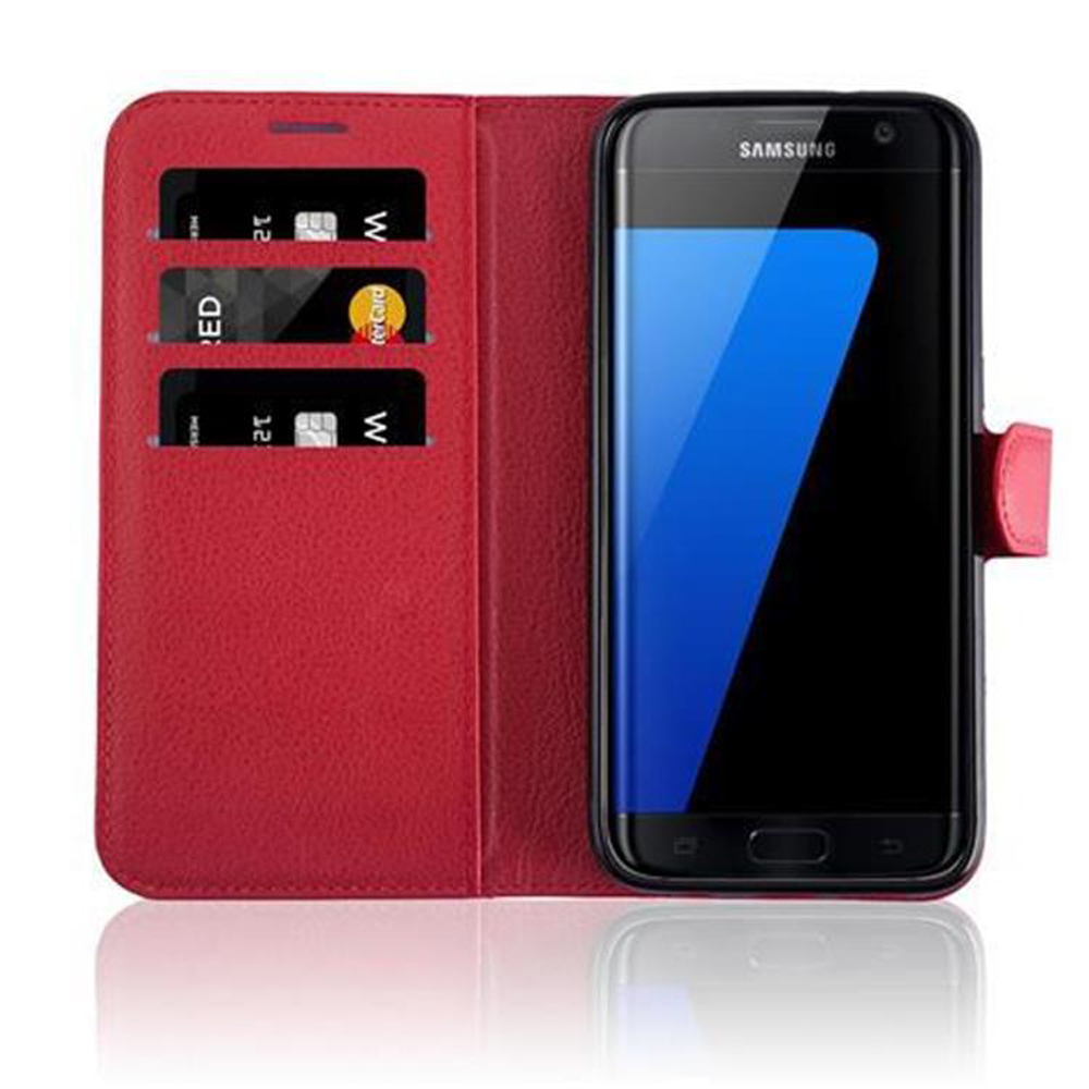 Custodia per telefono rossa aperta con scomparti per carte. Telefono nella custodia con logo Samsung.