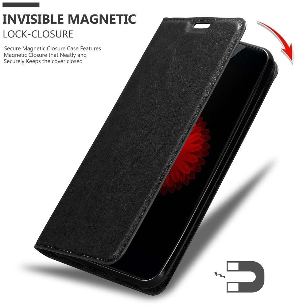 Una custodia per telefono in posizione aperta, che mostra il telefono e una chiusura magnetica. Viene mostrato anche un simbolo del magnete.