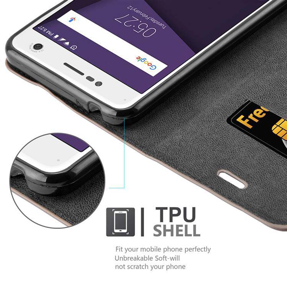 Ein Telefon in einer Hülle mit Kreditkartenfach. Das Telefon zeigt die Uhrzeit. Text: 'TPU SHELL'.