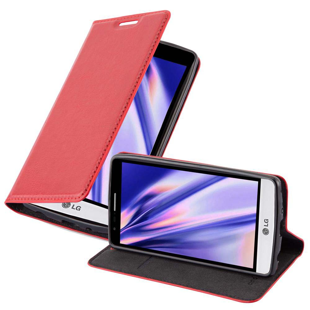 Funda de teléfono roja, abierta, con un teléfono blanco. La pantalla muestra un fondo morado. Dos vistas.